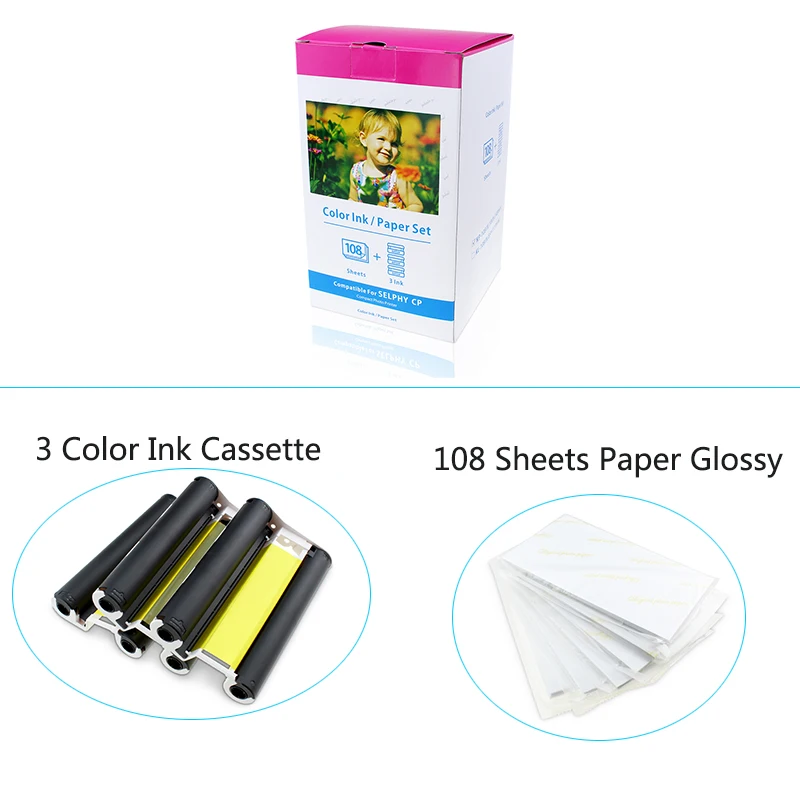 1pcs Photo Paper Compatible Canon KP-108IN 3 Color Ink Cassette 108 Sheets 4 x 6 Paper Glossy For Canon SELPHY CP1300 CP1200