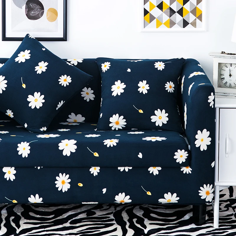 

White Flowers Print Slipcover Sectional Sofa Cover All-inclusive Couch Case Tight Wrap Elastic