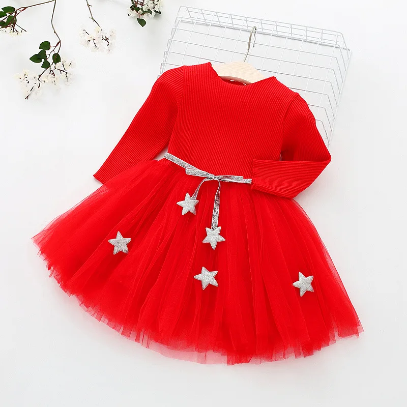 Рождественские новогодние костюмы для девочек с пятиконечной звездой, детская одежда с длинными рукавами для новорожденных девочек, платье Vestidos - Цвет: Красный