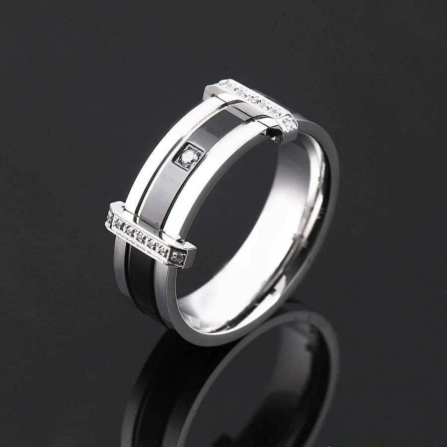 

Titanium Steel Ring Wedding Mens Cubic Zirconia Stainless Steel Ring, Charm Elegant Wedding Band, Black&Silver and Gold & Silver