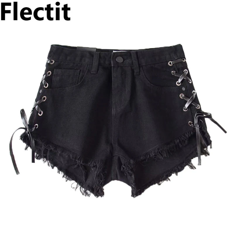 Шорты джинсовые Flectit женские на шнуровке черные с потертым подолом завышенной