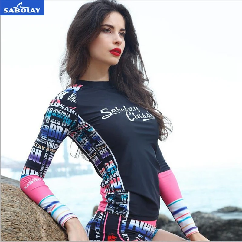 Sabolay النساء الشمس ملابس الغوص تصفح الملابس الإناث طويلة الأكمام الشمس قنديل تصفح السباحة rashguards