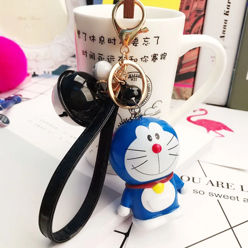 

Cute Doraemon Keychain Pvc Stitch Bell Key Chain Key Ring Holder Leather Rope Keyring Car Charms Porte Clef