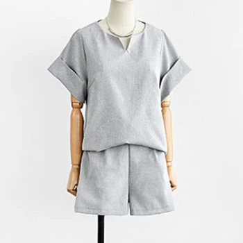 

Summer Casual 2 Pieces Set Women V Neck Short Sleeve Top + Shorts 2 Pieces Suit Female Solid Outfit Plus Size 5XL