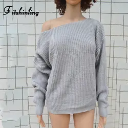 Fitshinling одно плечо свитер дамы 2018 на осень-зиму сексуальные серые свитера женские пуловеры трикотаж модные корейские джемпера