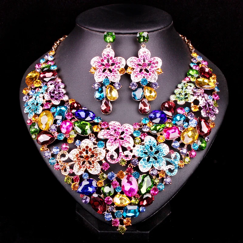 

Fashion Flower Bridal Jewelry Set Statement Rhinestone Necklace Earring Set Women Party Wedding Prom Accessories Gift for women
