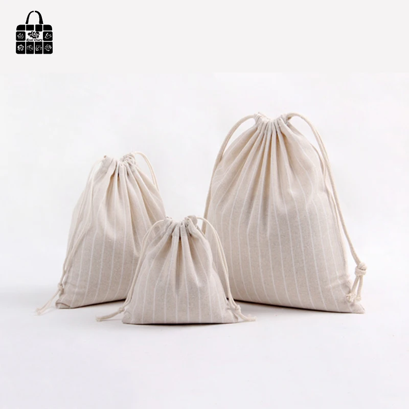Rose Diary Simple Striped Pocket 100% Cotton Linen Pouch Travel Clothing Bunch Bag Portable Drawstring Pocket Organizers Bag