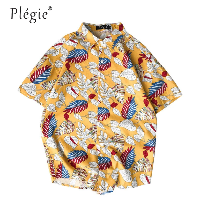 

Plegie Summer Vintage HipHop Leaves Printed Hawaii Style Men's Shirt 2019 Summer Linen Material Casual Shirt Men 3 Colors