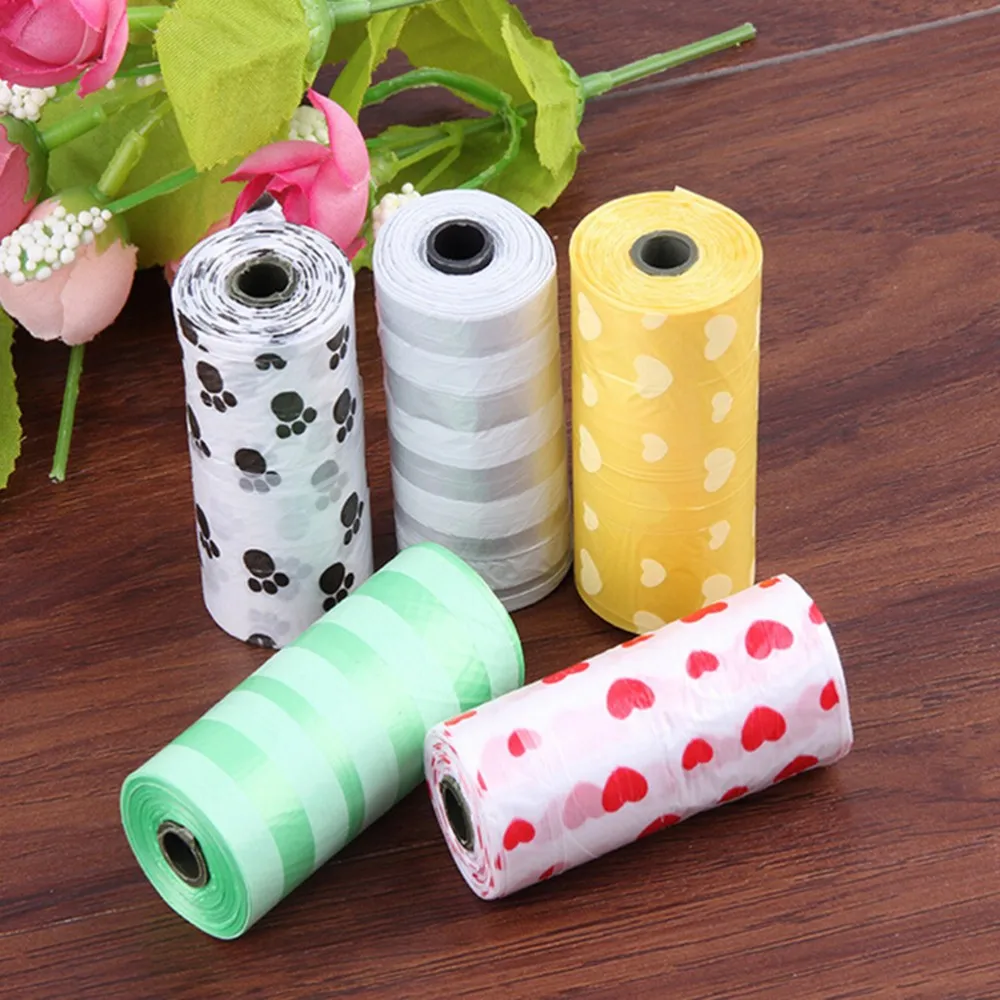 15Pcs/roll New Hot Sale Degradable Pet Dog Waste Poop Bag With Printing Doggy Bag For Cat Dog Color Random Delivery