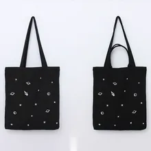 Хлопковая Холщовая Сумка для покупок, черная Большая вместительная складная сумка для покупок с вышивкой