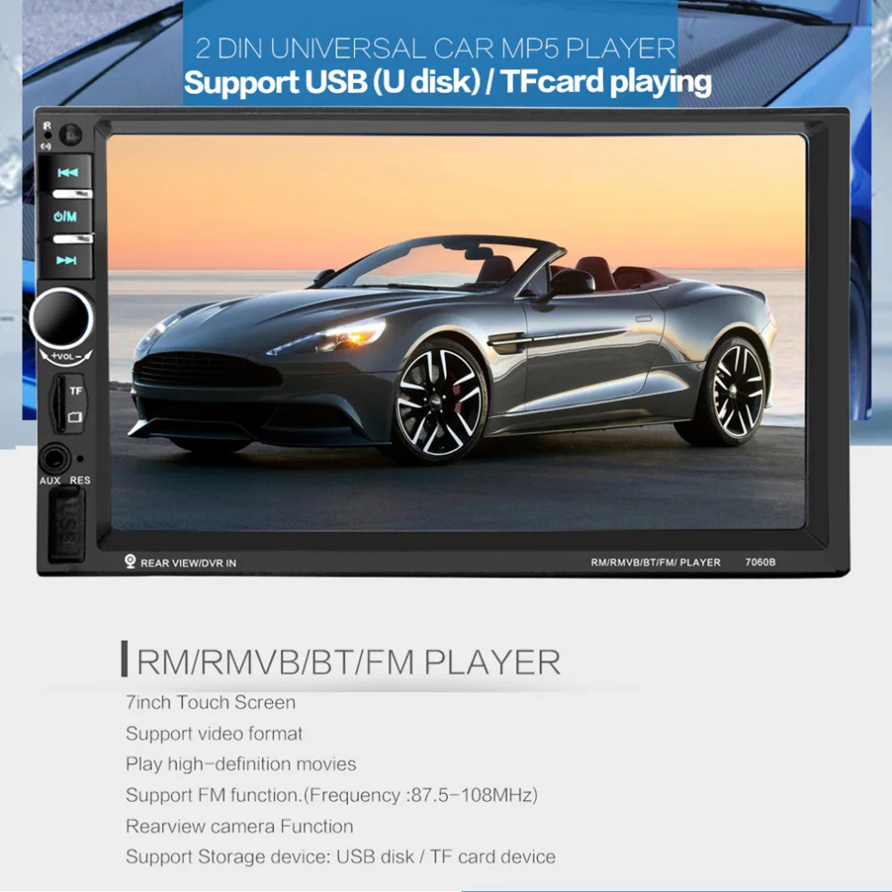 

Cimiva 7 inch Bluetooth Vehicle Auto Car MP5/MP4/MP3 Video Player In Touch Screen Support MP3 USB TF AUX FM & Remote Control 12V