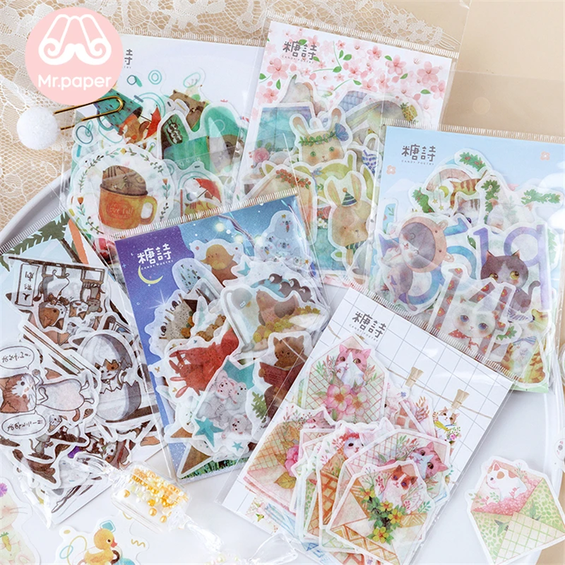 

Mr.paper 40Pcs/bag 6 Designs Kawaii Summer Forest Kitty Rabbit Deco Stickers Diary Scrapbooking Bullet Journal Deco Stickers