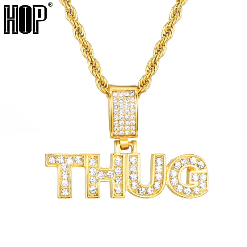 

HIP Hop Letters Gold Color THUG Pendant Full Iced Rhinestones Stainless Steel Necklaces & Pendants For Men Jewelry Rope Chain