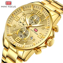 MINI FOCUS Golden Mens Watches Top Brand Luxury Business Quartz Watch Men Chronograph Auto Date Waterproof Stainless Steel Strap Analog Wristwatches olevs cool function man s watches waterproof date mesh steel strap chronograph watch business male clock quartz men wristwatches