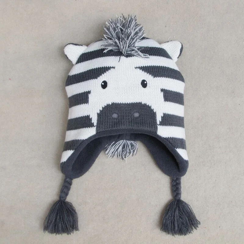 6 M-8 Years Zebra Pattern Caps for Boys Winter Hats Kids Warm Knitte Caps Ear Flaps Beanies Children's Cartoon Animal Sckullies 