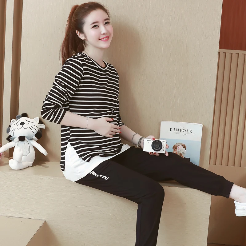 

8869# Spring Fashion Maternity Casual Clothing Suits Sports Clothes for Pregnant Women Shirts + Belly Pants Autumn Pregnancy