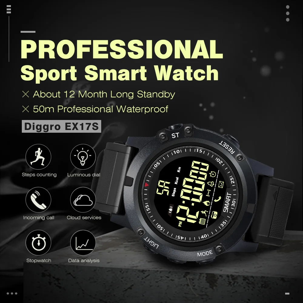 Diggro EX17S Smart Watch IP68 Waterproof 5ATM Pedometer Message Reminder Long Standby Time Outdoor Sports For Android IOS