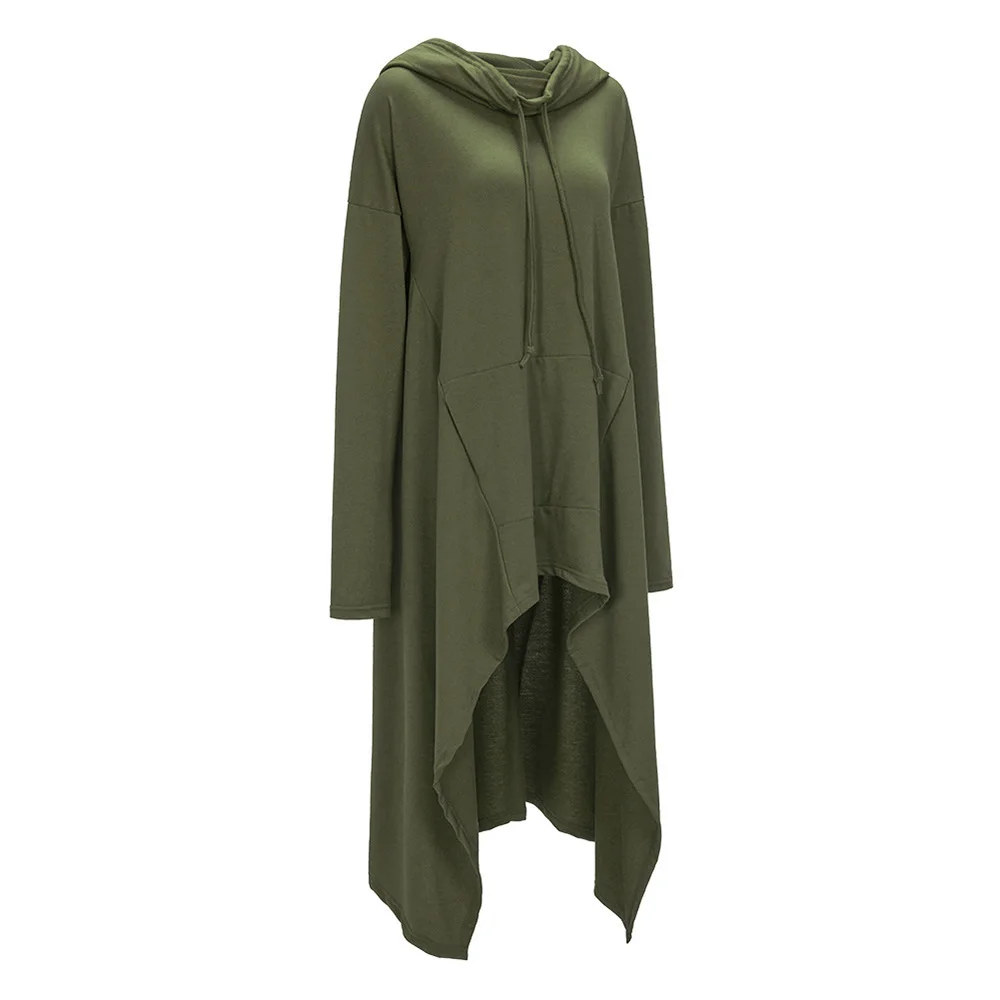  Women Autumn 2019 New Fashion Long Asymmetric Casual Hoodie Solid Multi Color Long Sleeve Drawstrin