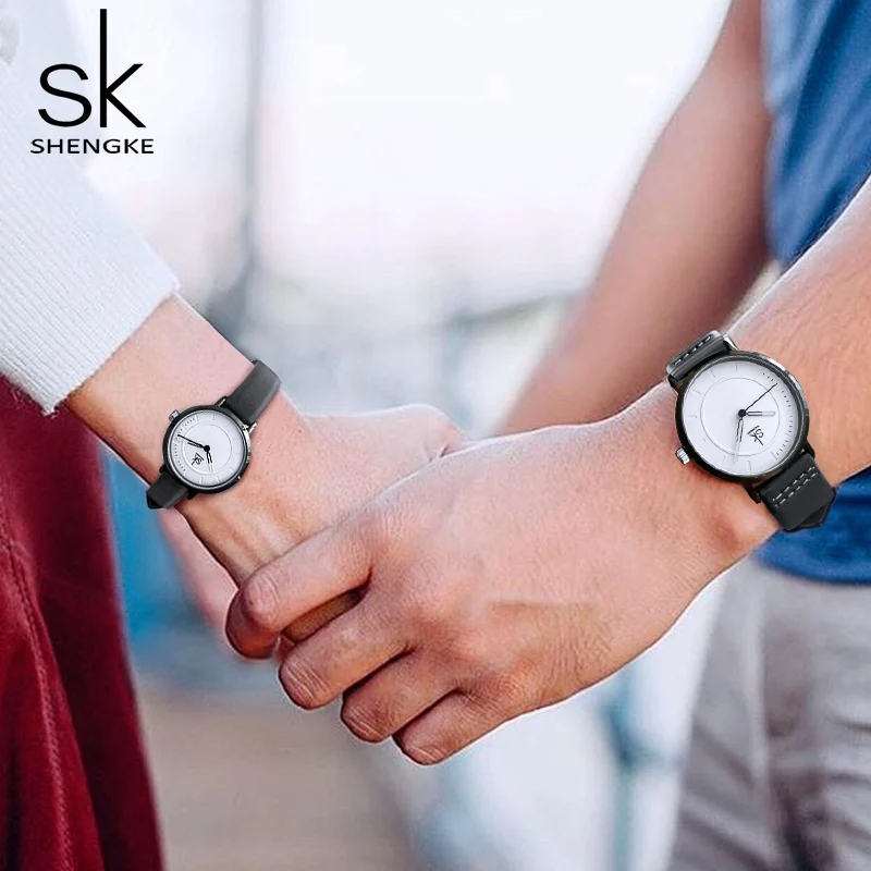Часы пары Shengke модные мужские и женские синие часы с кожаным ремешком модель 2019