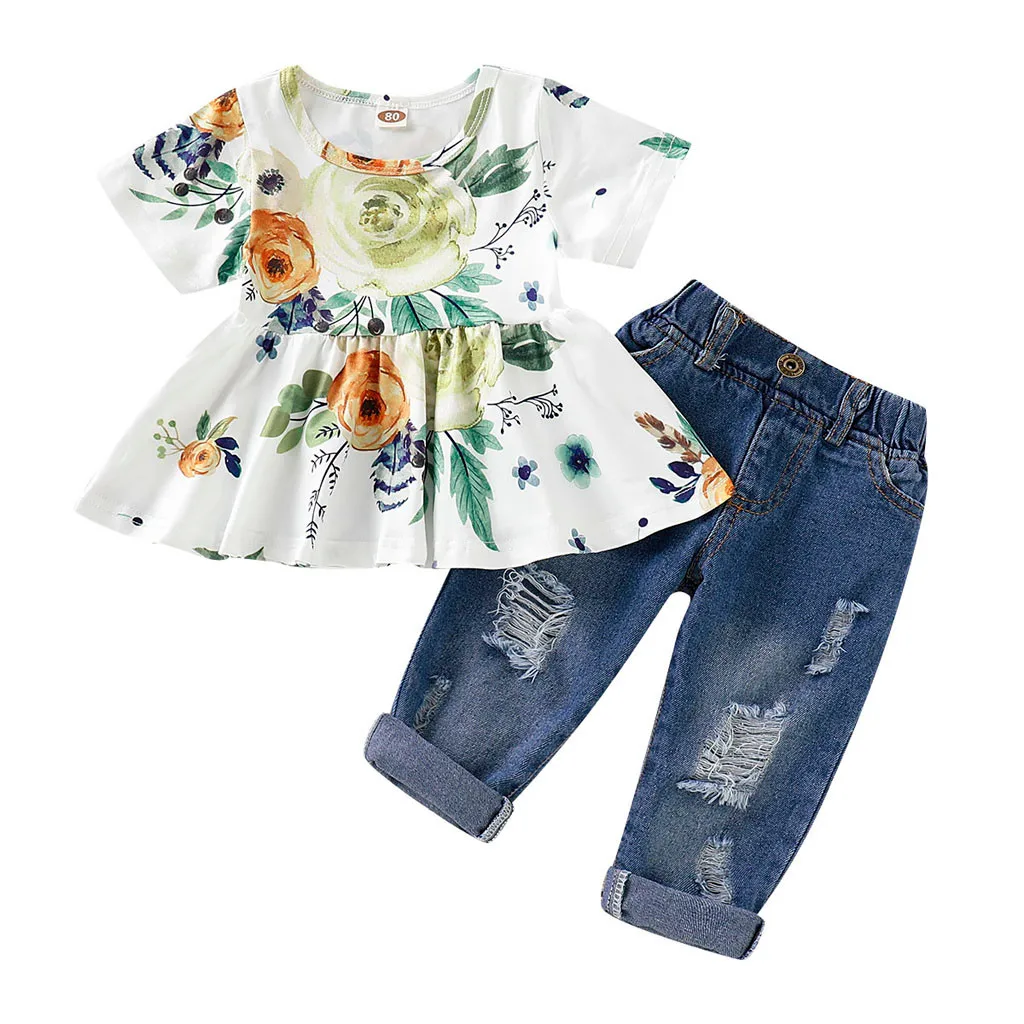 

LONSANT Vestidos new Baby Outfits Girl Floral print Tops+ Shredded jeans Pants Set Fashion Toddler Kid short sleeve Clothes set