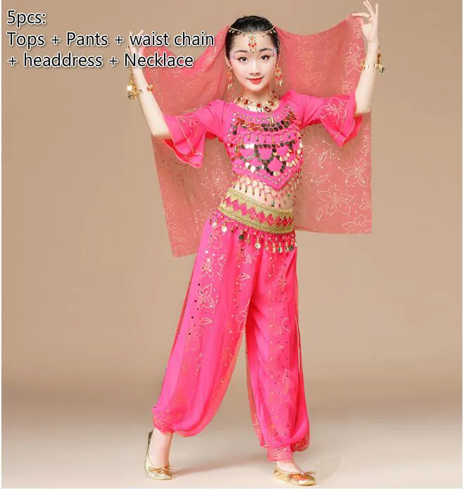 Детская индийский танцевальный костюм обувь для девочек живота комплекты для танцев Восточный танец национальный костюм выступления Болливуд одежда 3 цвета - Цвет: 5pcs rose red