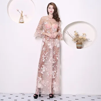 

Long Evening transparent Dress 2018 Buduarnoe Sexy lace Club Party Dresses V-neck Birthday boudoir prom Illusion dress