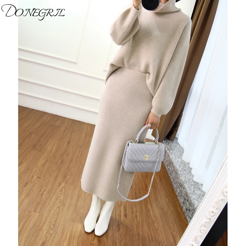 

2019 autumn winter high collar cashmere sweater Korean version of the loose sweater women's knitted two-piece suit bag hip skirt