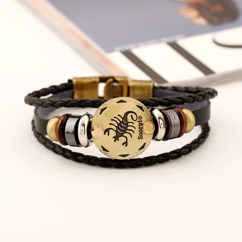 12 Constellations Bracelet Male Zodiac Horoscope Signs Leather Bracelet Men Vintage Punk For Women Couple Bracelets & Bangle