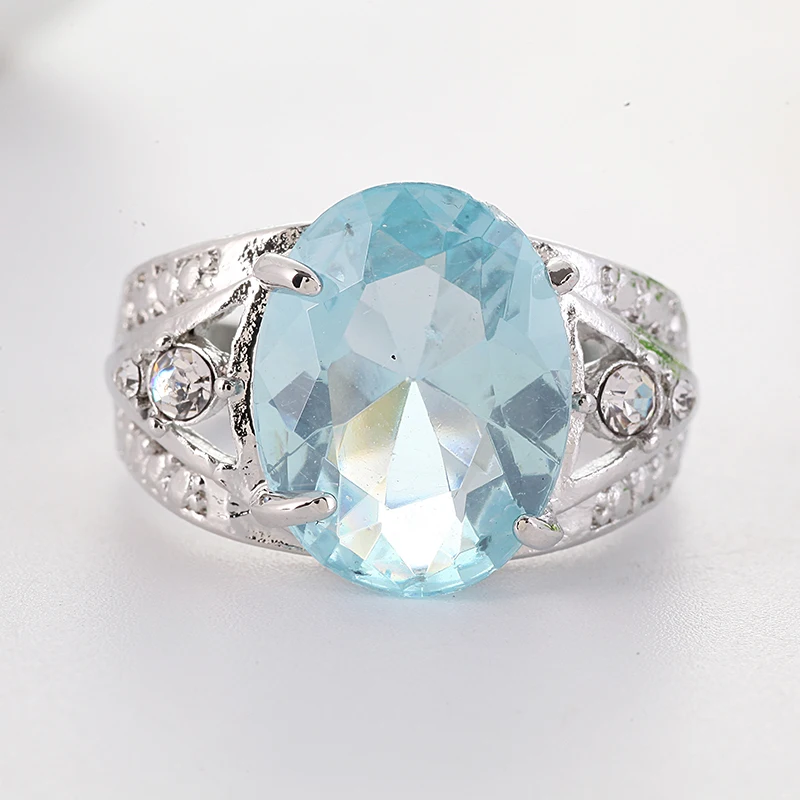 Кольцо с голубым камнем, белый камень, серебряное кольцо, популярные большие кольца с кристаллами для женщин, модные ювелирные изделия Anillos Mujer O4K027