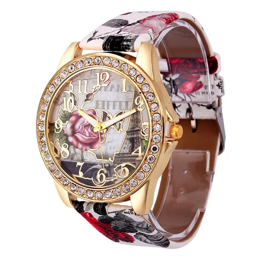 

Casul Vintage reloj mujer Rose Printing Pattern Womens watch Leather Band Analog Quartz Vogue Wrist Watches