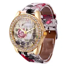 Reloj informal Vintage para mujer con estampado de rosas, reloj para mujer con correa de cuero, reloj analógico de cuarzo, relojes de pulsera Vogue