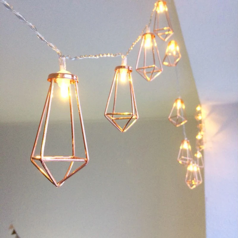 Retro Iron Metal Diamond LED Fairy String Lights Battery Xmas Holiday Wedding Party Home Decoration 10Leds Lantern String Lamps (6)