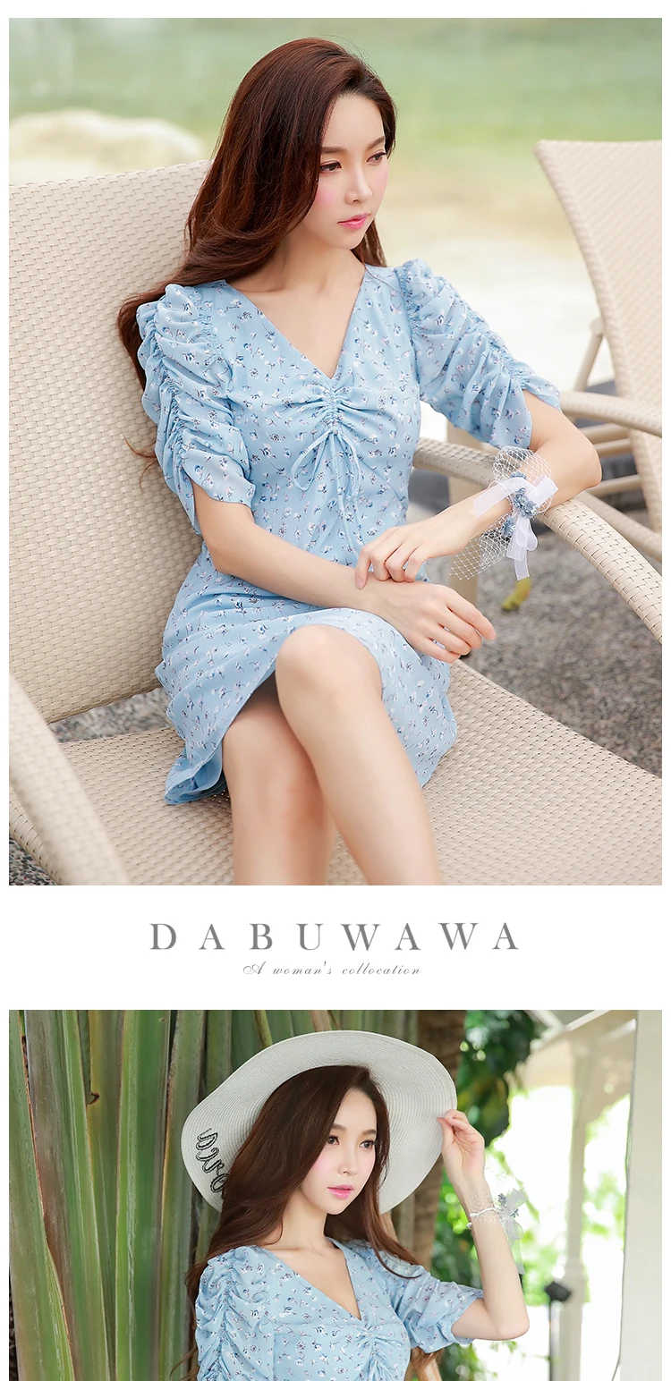 Dabuwawa женское летнее платье с цветочным принтом Новое шифоновое короткое платье на завязках с v-образным вырезом и пышными рукавами D18BDR136