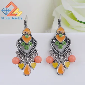 

Earring Clip Fashion Party Dresses Bohemia Style Enamel Beads Statement Love Heart Drop Earrings Vintage Jewelry for Women