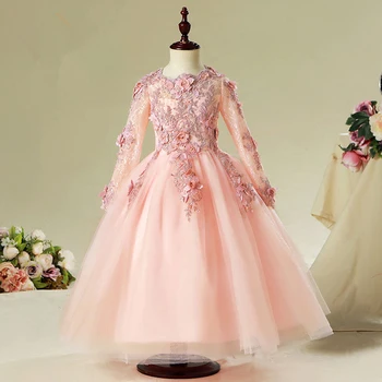 

Children Elegant Flower Girl Dress For Wedding Long Sleeve Appliques Kids Party Prom Dress First Communion Dresses Princess E66