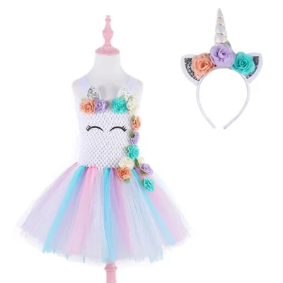 

Baby Flower Wedding Party Dress For Kids Princess Dress Gift Cute Girls Unicorn Halloween Cosplay Costume Rainbow Tutu Dress