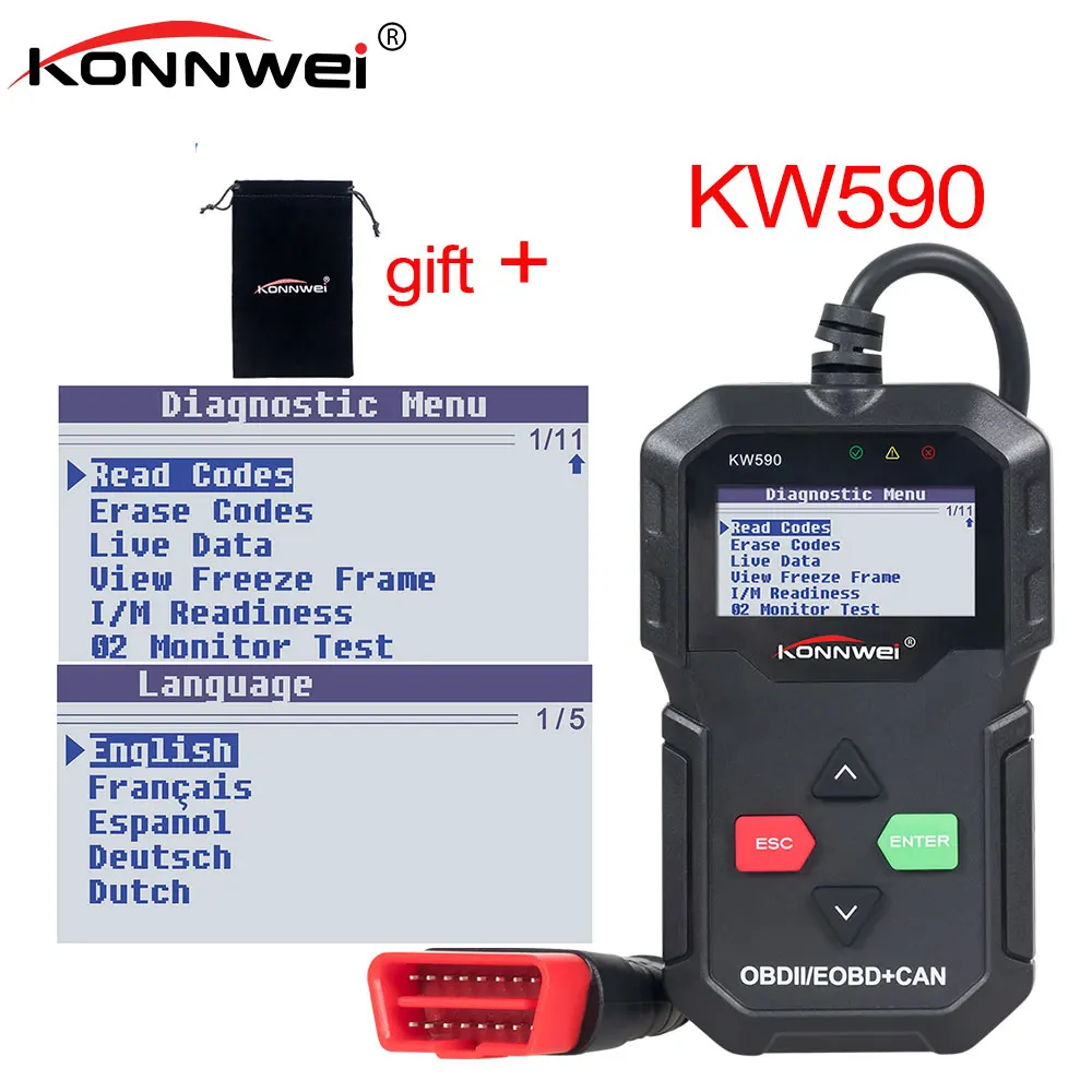 

High Quality OBD OBD2 Autoscanner KONNWEI KW590 OBD2 Scanner Multi-languages Car Diagnostic Scanner in Russian Better Than AD310