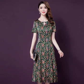 

2020 Spring Summer Fashion Short Sleeve Silk Women Dress New Style Big Code Exquisite Printed Elegant Temperament Female Dresses