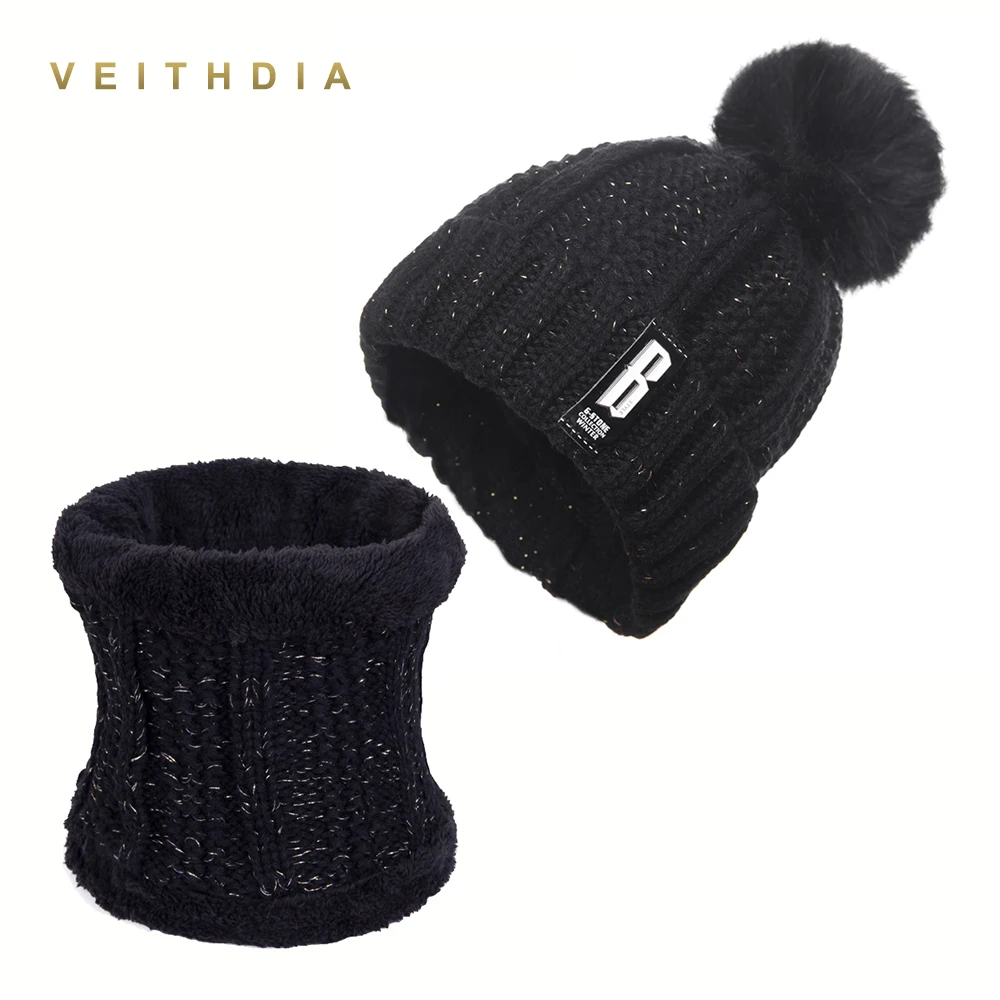 VEITHDIA, новинка, зимняя шапка и шарф с помпонами, женские модные одноцветные теплые шапки, вязанные шапочки, брендовая Толстая Женская шапка