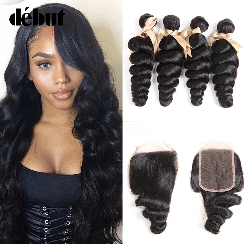 

Debut Brazilian Hair Weave Bundles With Closure Loose Wave 28 Inch 2/3 Bundles With Lace Closure Non Remy Human Hair Extension