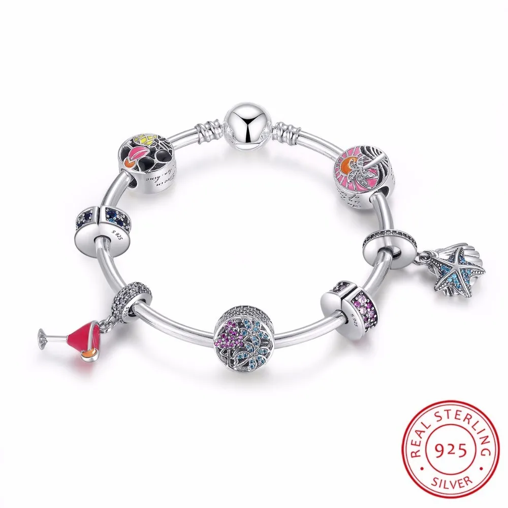 

925 Sterling Silver Tropical Sunset, Summer Fun Flamingo & Mixed Enamel Charm Bracelet Sterling Silver Jewelry PSB010