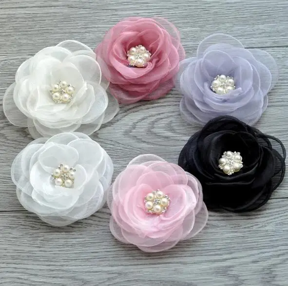 30pcs/lot 4.3&quot 6colors Newborn Gauze Layered Flower+Rhinestone For Baby Girls Hair Accessories Rose Fabric Flowers Headbands | Мать и