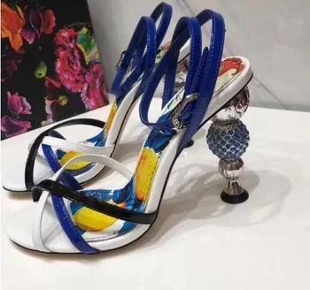 

New Arrivals Flower Printed Strange Heels Woman Sandal Sexy Open Toe Real Leather Cross-tied Wedding Shoes Bride Gladiator Shoes