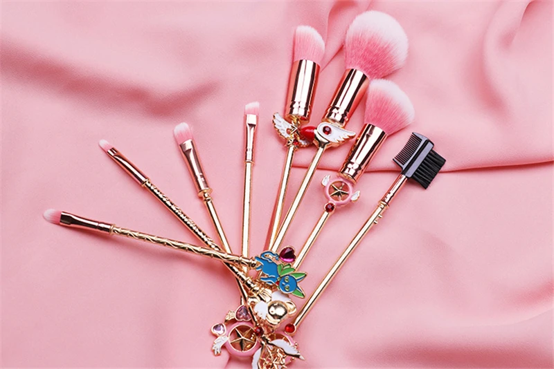 8 шт. Cardcaptor Sakura, набор кистей для макияжа, металлическая волшебная палочка, кисть для пудры, консилер, набор кистей для глаз, инструмент для макияжа для девочек-подростков