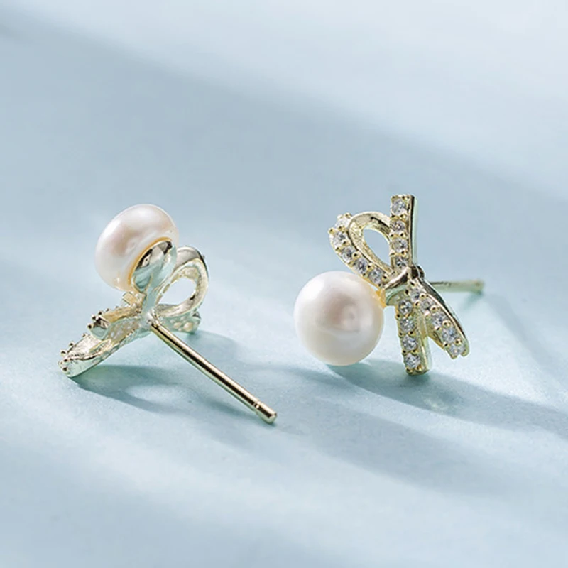 

Bowknot Natural Pearl Zircon Earring 925 Silver Stud Earring Gold And Silver Beautiful Trend Women Small Earring S925 Jewelry