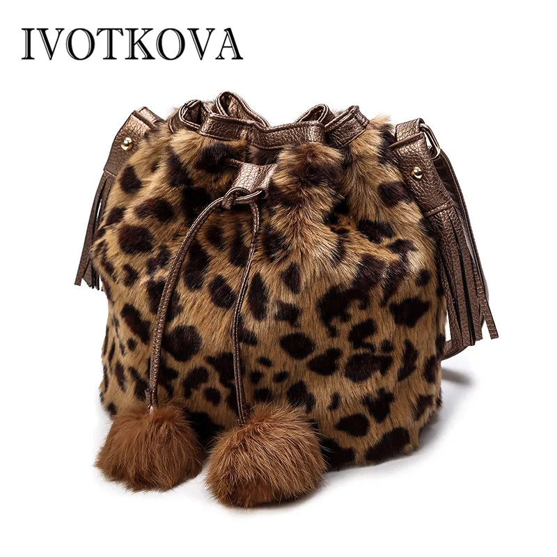 

IVOTKOVA Leopard Women Handbag Fashion Bucket Female Shoulder Bags New Design Rabbit Fur Lady Purses Cross Body Messenger Bag