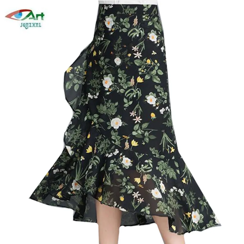 2018 new high waist fashion chiffon fishtail skirt Large size print