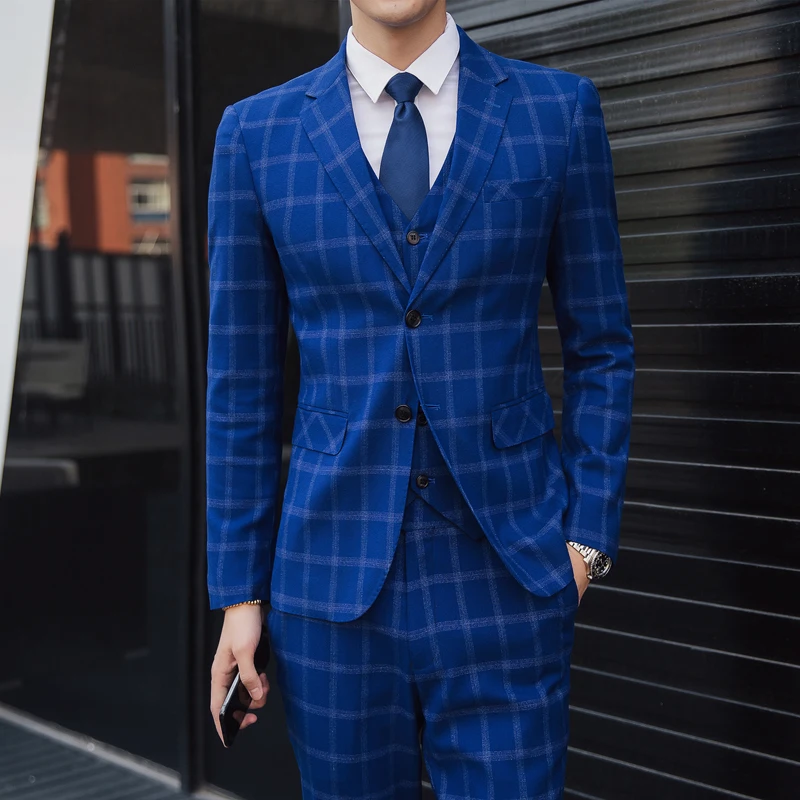 MarKyi 2018 New Men's Fashion Boutique Plaid Wedding Dress Suit Three-piece Male Formal Business Casual Suits