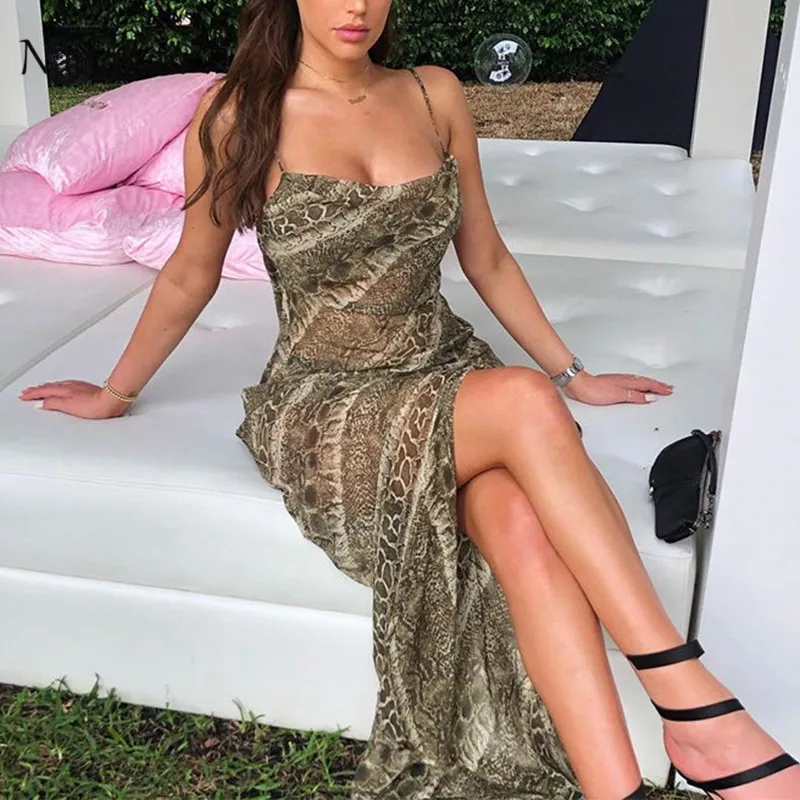 

FSDA Snake Print Chiffon Backless Women Dress Side Slit Perspective Summer Beach Midi Dresses