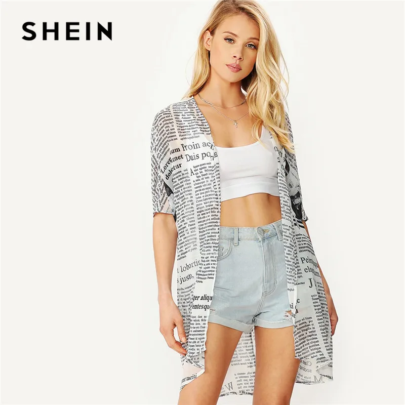 

SHEIN Black and White Open Front Newspaper Print Chiffon Kimono Women Summer Casual Half Sleeve Letter Print Longline Kimono